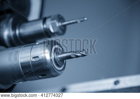 The Solid  End Mill Tool In The Tooling Magazine Of Machining Center. The Automatic Toll Change ,atc