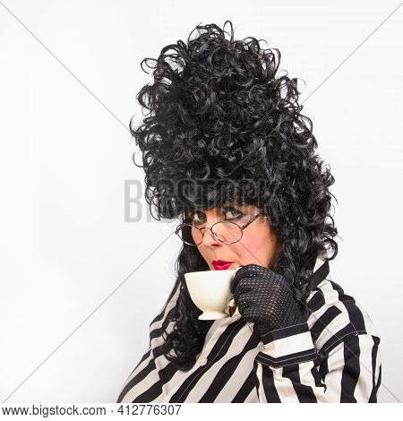 Charmant Theatrical Woman In Black Baroque Wig, Black And White Striped Shirt And Black Lace Glove D