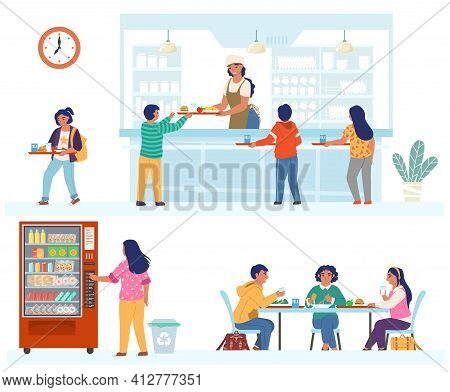 School Canteen, Cafeteria, Cafe Scene Set, Flat Vector Isolated Illustration. Happy Children Having 