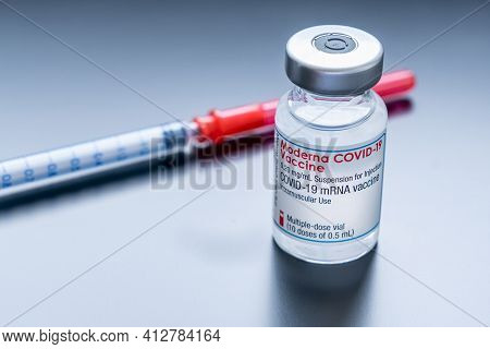 Montreal, Ca - 16 March 2021: Vial Of Moderna Covid-19 Vaccine