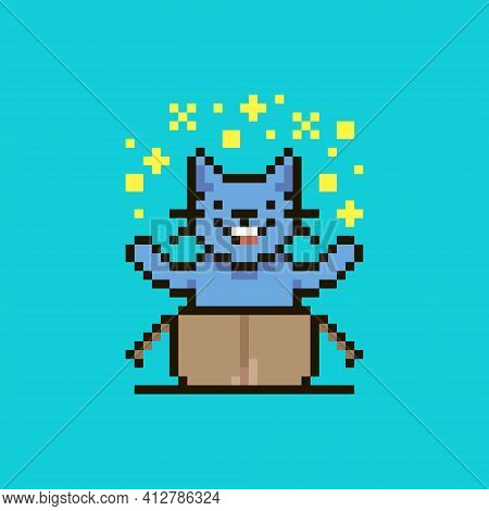 Colorful Simple Flat Pixel Art Illustration Of Cartoon Smiling Crypto Cat Sitting In An Open Cardboa