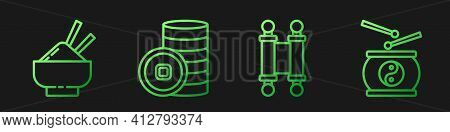 Set Line Decree, Paper, Parchment, Scroll, Rice In A Bowl With Chopstick, Chinese Yuan Currency And 