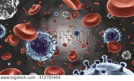 Covid-19 . Coronavirus Floating On Blood Stream With Red Blood Cell And White Blood Cell Flowing In 