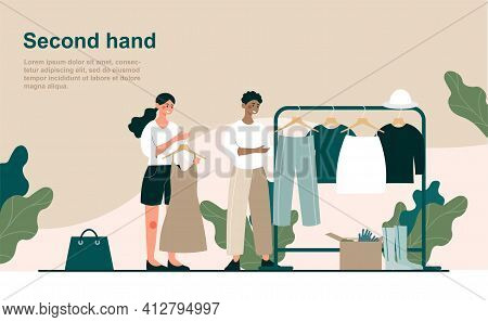 Two Female Characters Are Second Hand Shopping Together. Young Women Trying On Diverse Secondhand Cl
