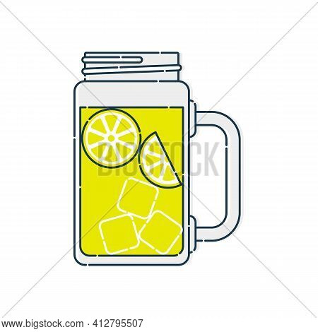 Jug Lemonade With Chunks Of Citrus And Ice. Line Art In Flat Style. Modern Stylish Liquid Jar. Resta