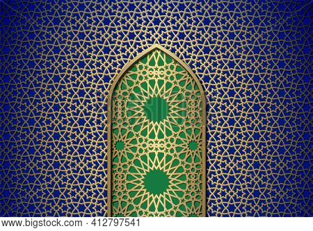 Abstract Background With Door, Islamic Ornament, Arabic Geometric Pattern Or Texture. Golden Lined T