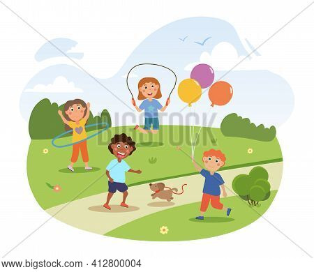 Cute Little Children Are Playing In The Park Together. Happy Kids Are Having Fun With Baloons, Dog, 