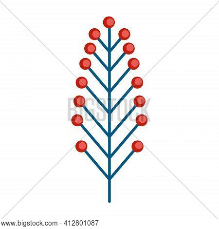 Simple Minimalistic Blue-green Branch With Red Berries. Floral Collection Of Elegant Plants For Seas