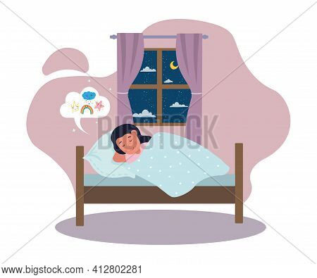 Calm Little Cute Girl Is Sleeping In Bed And Having Sweet Dreams. Beautiful Child Is Peacefully Drea