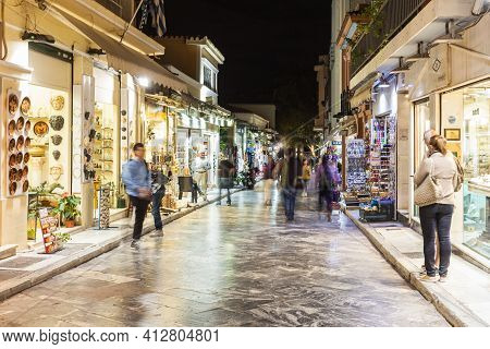 Athens, Greece - October 20, 2016: Pedestrian Souvenir Market Street In Plaka Region. Plaka Is The O