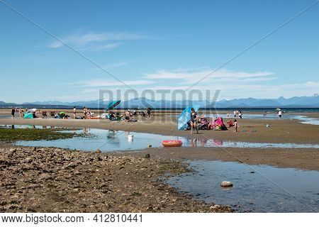 Vancouver Island, Canada - July 19,2020: Miracle Beach Provincial Park Full Of People During The Low