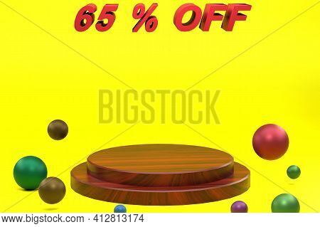 3d Rendering Of Percent, Yellow Background And Display Wooden Texture. Perfect For Background, Prese
