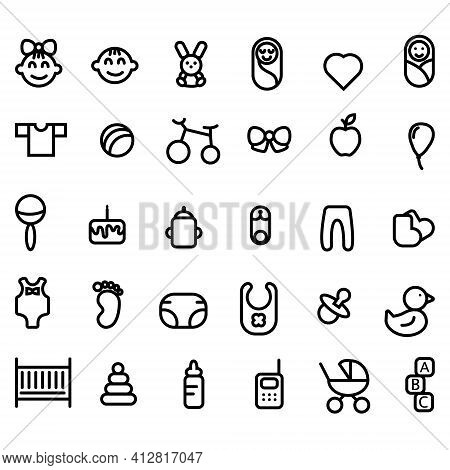 Set Of Outline Icons For Baby Nursery. Vector Stock Illustration For Card Or Poster