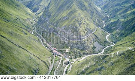 Aerial Of Nariz Del Diablo, Devil's Nose, A Famous Railroad Track In The Andes Of Ecuador, So Steep,