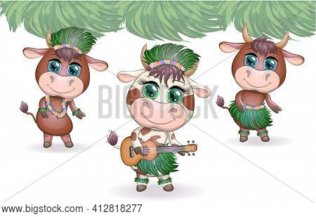 Tropical New Year 2021, Celebration. Group Of Cows And Bulls As Hula Dancers With Acoustic Ukulele G