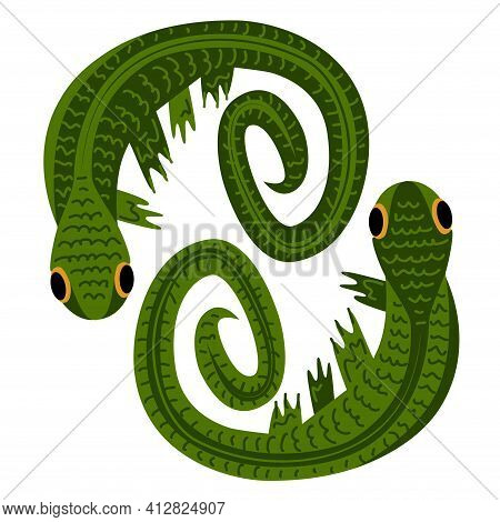 Two Cute Hand-drawn Lizards, Opposite Each Other, Kids Drawing Style Vector Illustration