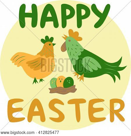 Happy Easter Card, Chicken, Cock And Easter Eggs