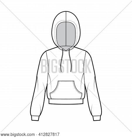 Hoody Sweatshirt Technical Fashion Illustration With Long Sleeves, Relax Body, Kangaroo Pouch, Bande