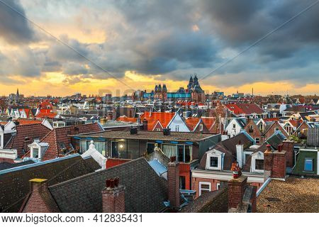 Amsterdam; Netherlands view of the cityscape from De Pijp at dusk.