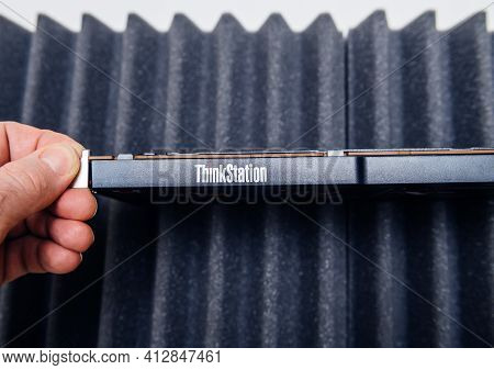 Pov Male Hand Holding Lenovo Thinkstation Ibm Nvme Addition Adapter Card