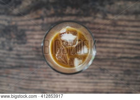 Cold Brew Coffee With Ice Cubes In Glass From Topdown View., Drinks And Beverages Series
