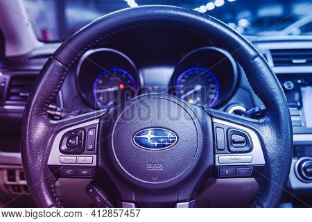 Novosibirsk, Russia - March 16  2021: Subaru Outback, Interior Of New Modern Suv Car With Automatic 