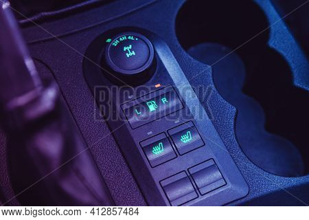 Novosibirsk, Russia - March 16  2021: Uaz Patriot, Close Up Shot Of Car Seat Heating , 2wd, 4wd Cont