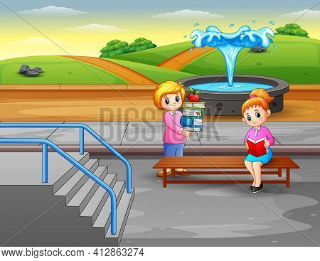 A Woman Reading Books In The Park With Fountain Illustration