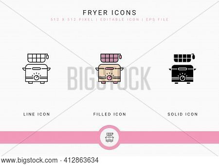 Fryer Icons Set Vector Illustration With Solid Icon Line Style. Potato Fried Basket Concept. Editabl