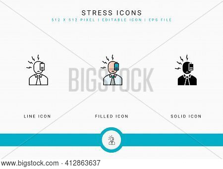 Stress Icons Set Vector Illustration With Solid Icon Line Style. Depression And Pressure Concept. Ed