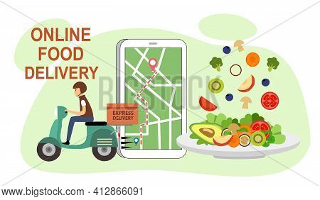 Online Food Delivery Service Vector Illustration. Grab Food, Uber Eat Design Template For Landing Pa
