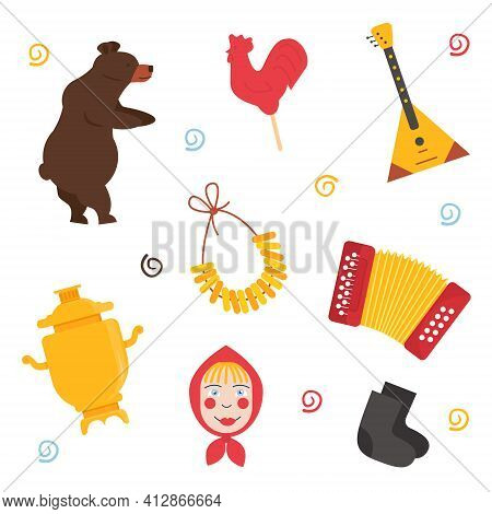 Collection Of Russian National Attributes Isolated On White Background. Set Of Typical Ussr Symbols 