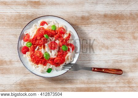 Konjac Pasta With Tomato Sauce, Overhead Shot With Copy Space