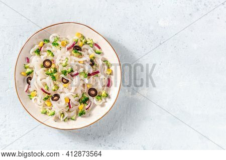 Konjac Pasta With Broccoli, Shot From Above With A Place For Text