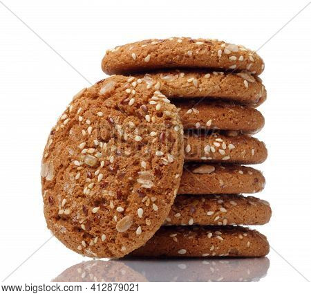 Oatcakes With Sunflower And Flax Seeds Isolated On White Background. Concept Of Healthy Food.