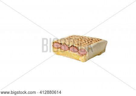 Traditional Mexican Cuisine Dish Otacos Taco With Cheese Fried Sausage Cut On White Isolated Backgro