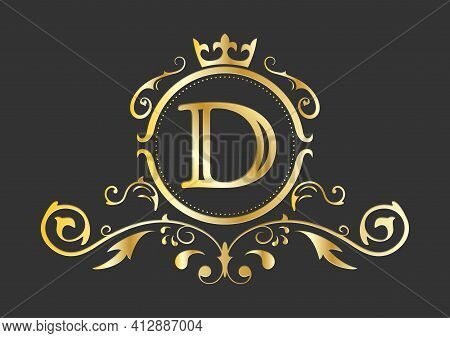Golden Stylized Letter D Of The Latin Alphabet. Monogram Template With Ornament And Crown For Design