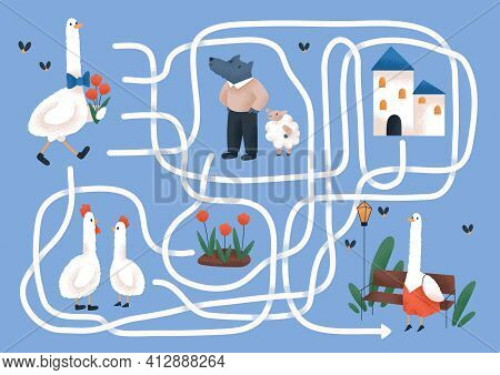 Kids Labyrinth Puzzle With Cute Animals. Maze Game With Paths. Childish Educational Logical Trail Fo