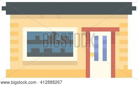 House With Black Roof, Shop. Dwelling On White Background. Brick Building, Home From Pixel-game