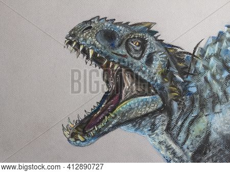 Dynosaur Drawing - Face Of Indominus Rex Hand Drawn In Pastels - Scary Dynosaur