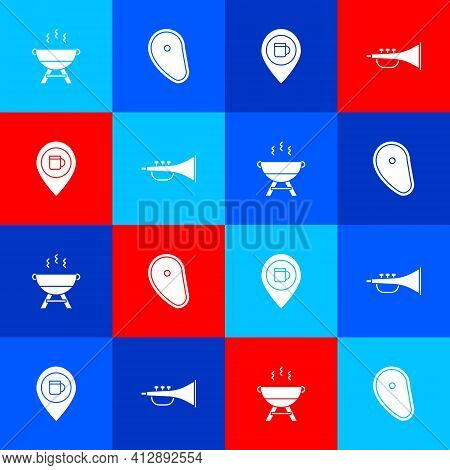 Set Barbecue Grill, Steak Meat, Alcohol Or Beer Bar Location And Musical Instrument Trumpet Icon. Ve