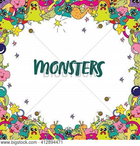 Design Creative Work With Cute Colored Doodle Monsters.