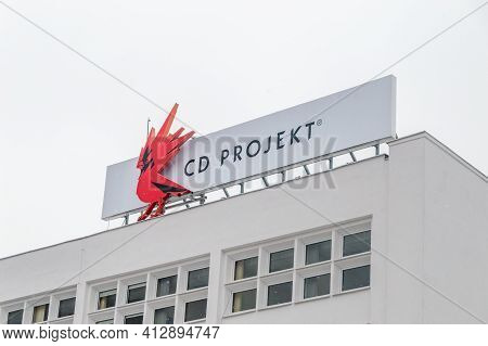 Warsaw, Poland - February 15, 2021: Cd Projekt Company Signboard On Cd Projekt Headquarters.