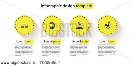 Set Macaron Cookie, French Press, Fountain And Rooster Weather Vane. Business Infographic Template. 