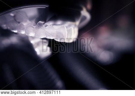 Transparent Ferule Retainer Teeth Alignment. Copy Space
