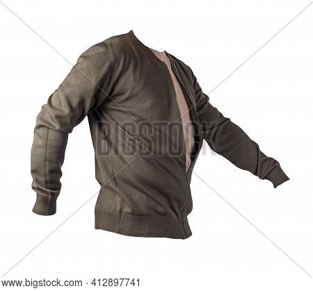 Men's Dark Gren Knitten Bomber Jacket And Beige T-shirt Isolated On A White Background. Fashionable 