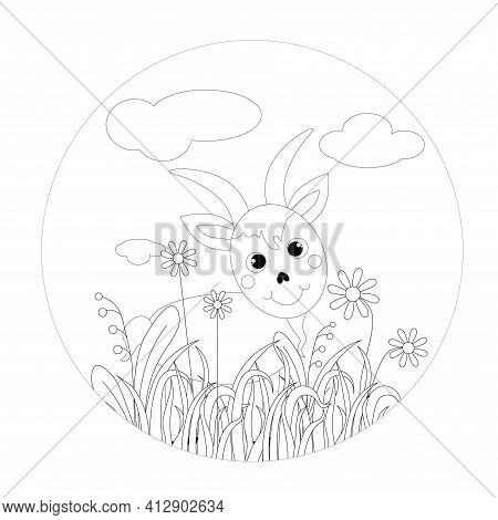 Goat In Grass Round Monochrome Banner. Flower Leaves Art Nature Design Element Stock Vector Illustra