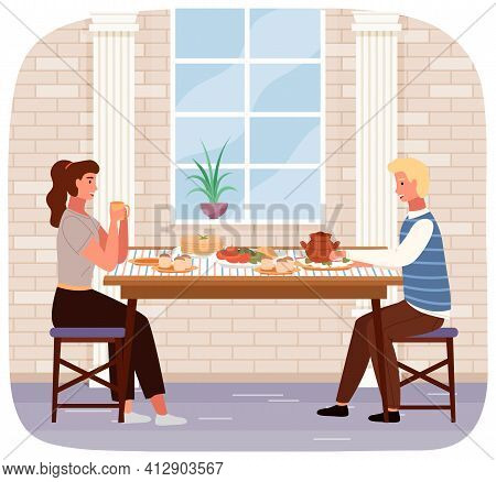 Man And Woman Have Dinner With Borscht With Donuts. Characters Taste Ukrainian Cuisine Dishes
