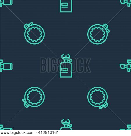 Set Line Camping Gas Stove, Canteen Water Bottle And Sniper Optical Sight On Seamless Pattern. Vecto