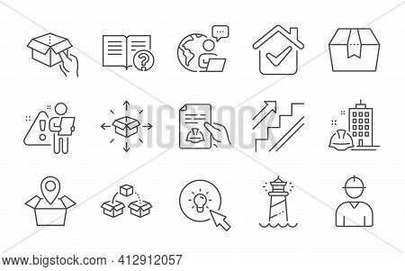 Engineer, Technical Documentation And Hold Box Icons Set. Help, Package Box And Stairs Signs. Vector